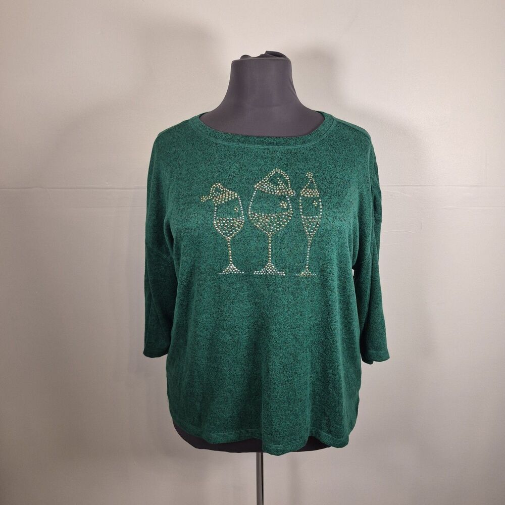 Magical Season Women's Christmas Sweater Size 2X  Heather Green Studded Glasses